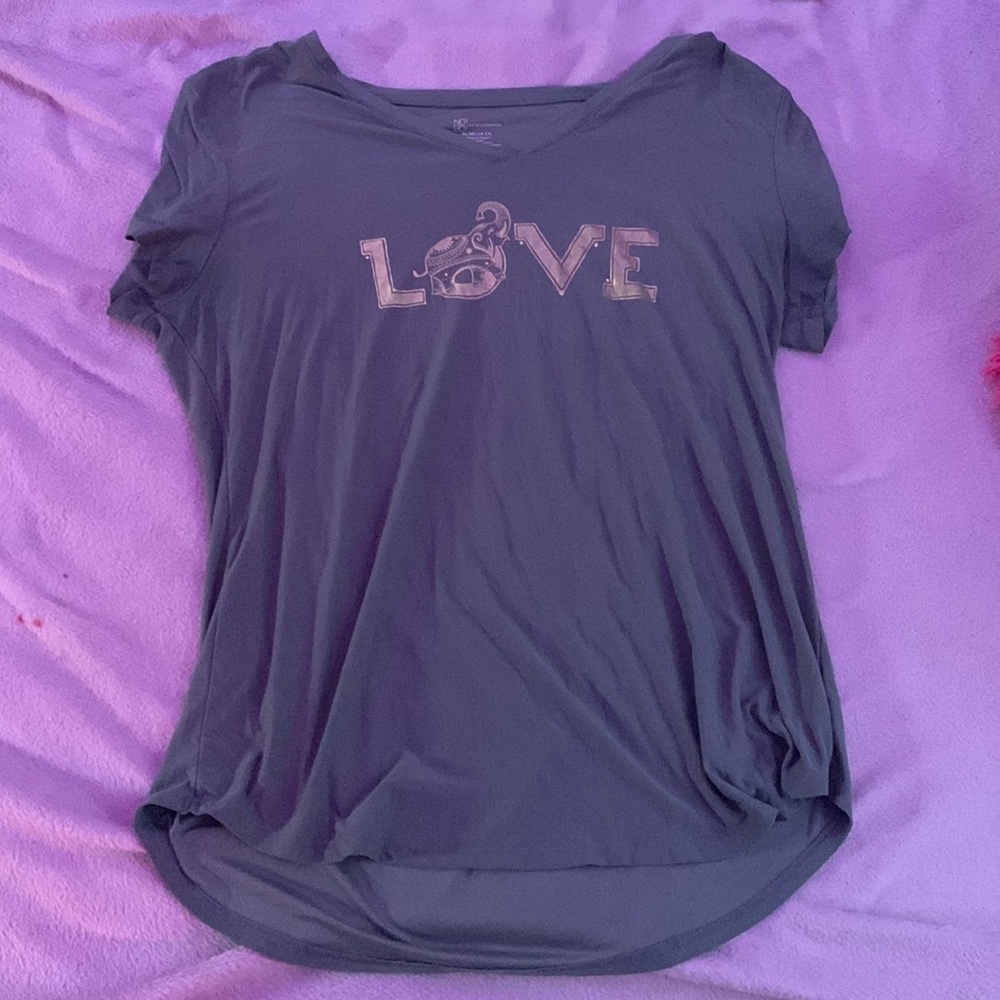 Grey tee shirt that says love